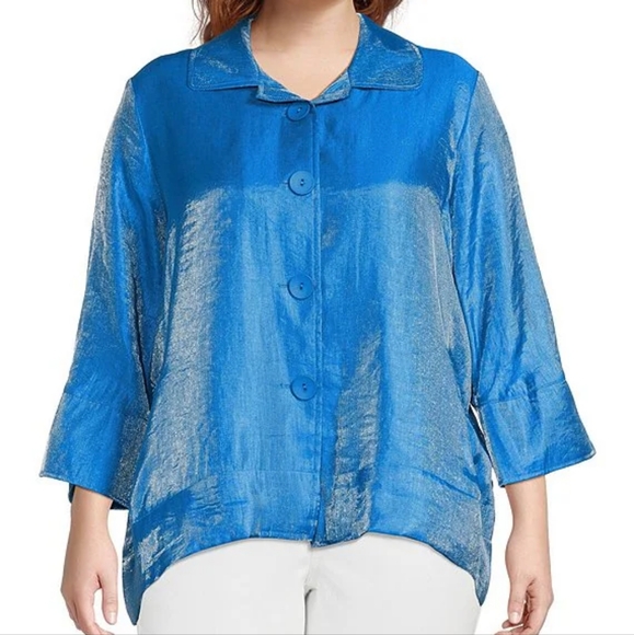 ALI MILES Shimmer Woven Round Collar 3/4 Sleeve Button-Front Jacket (3X) - Picture 7 of 8